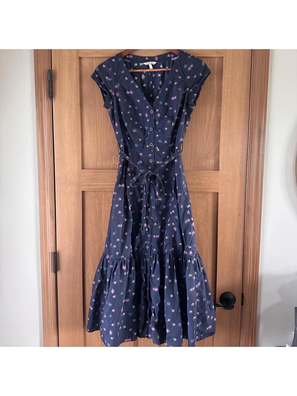 Rebecca Taylor Cotton Farron Navy Floral Ruffle Midi Dress Women’s size 2 XS